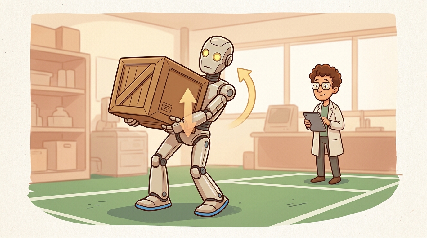 Cartoon humanoid robot balancing while carrying a heavy object, with contact patches and recovery motion trails.