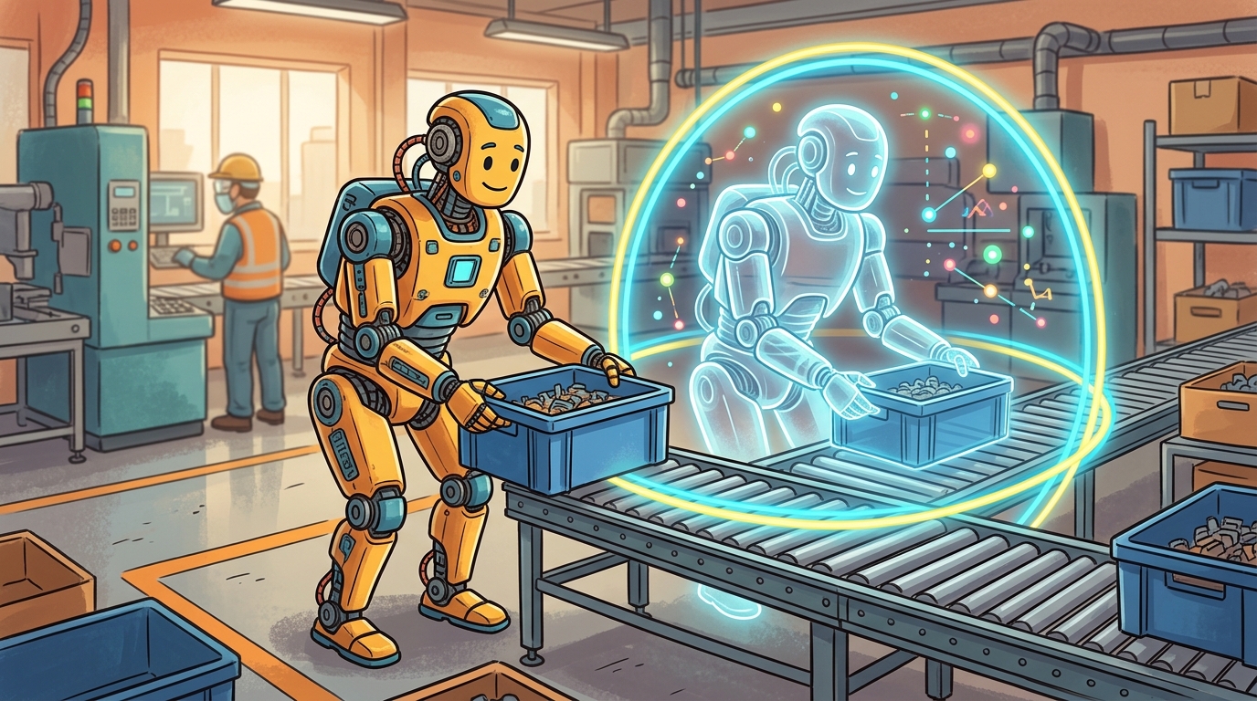 Cartoon humanoid robot in a factory workcell learning from a simulated version while moving a tote safely.