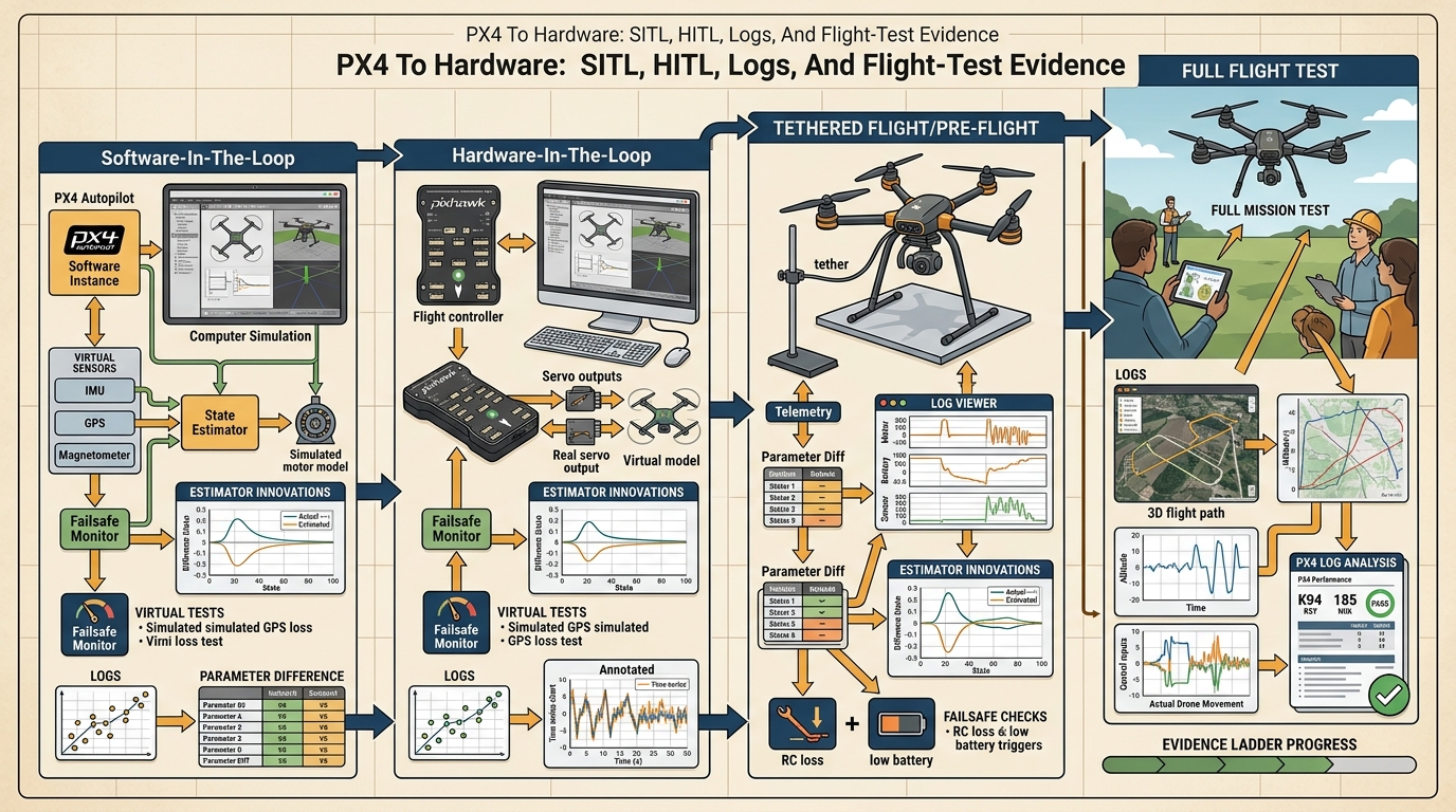 PX4 To Hardware: SITL, HITL, Logs, And Flight-Test Evidence conceptual illustration