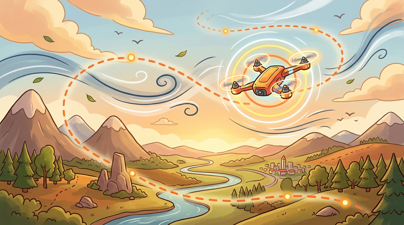 Cartoon quadrotor drone following a smooth route through wind while nested control rings stabilize it.