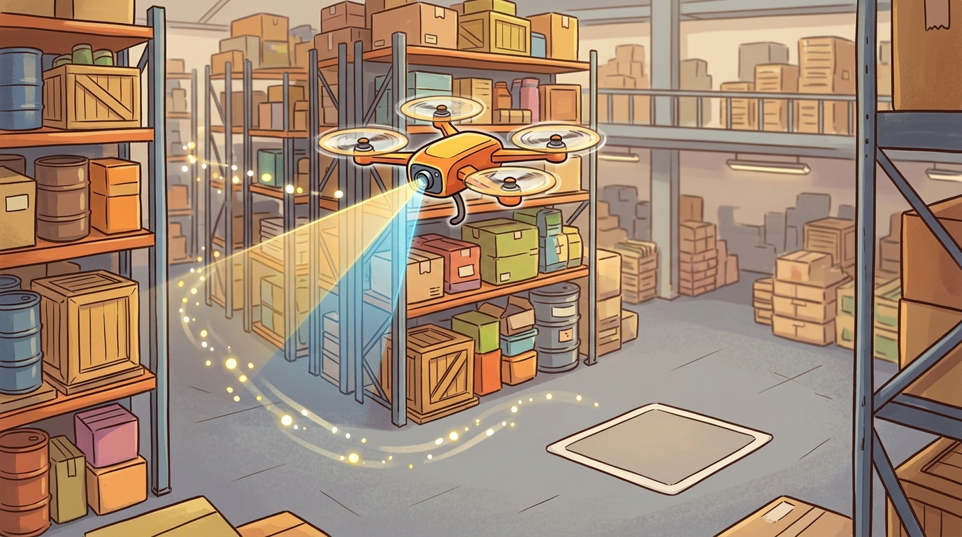 Cartoon drone inspecting an indoor warehouse using visual and inertial sensing breadcrumbs without GPS.