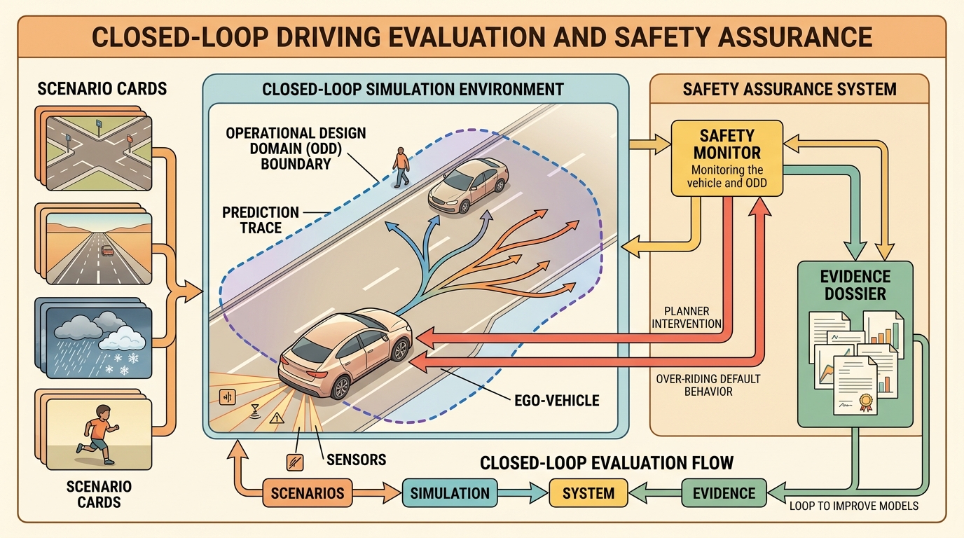 Closed-Loop Driving Evaluation And Safety Assurance conceptual illustration