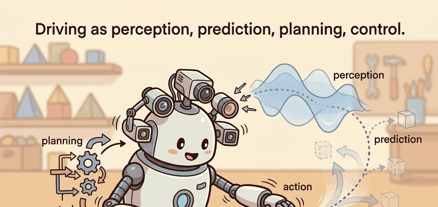 Technical illustration for Section 48.1: Driving as perception, prediction, planning, control.