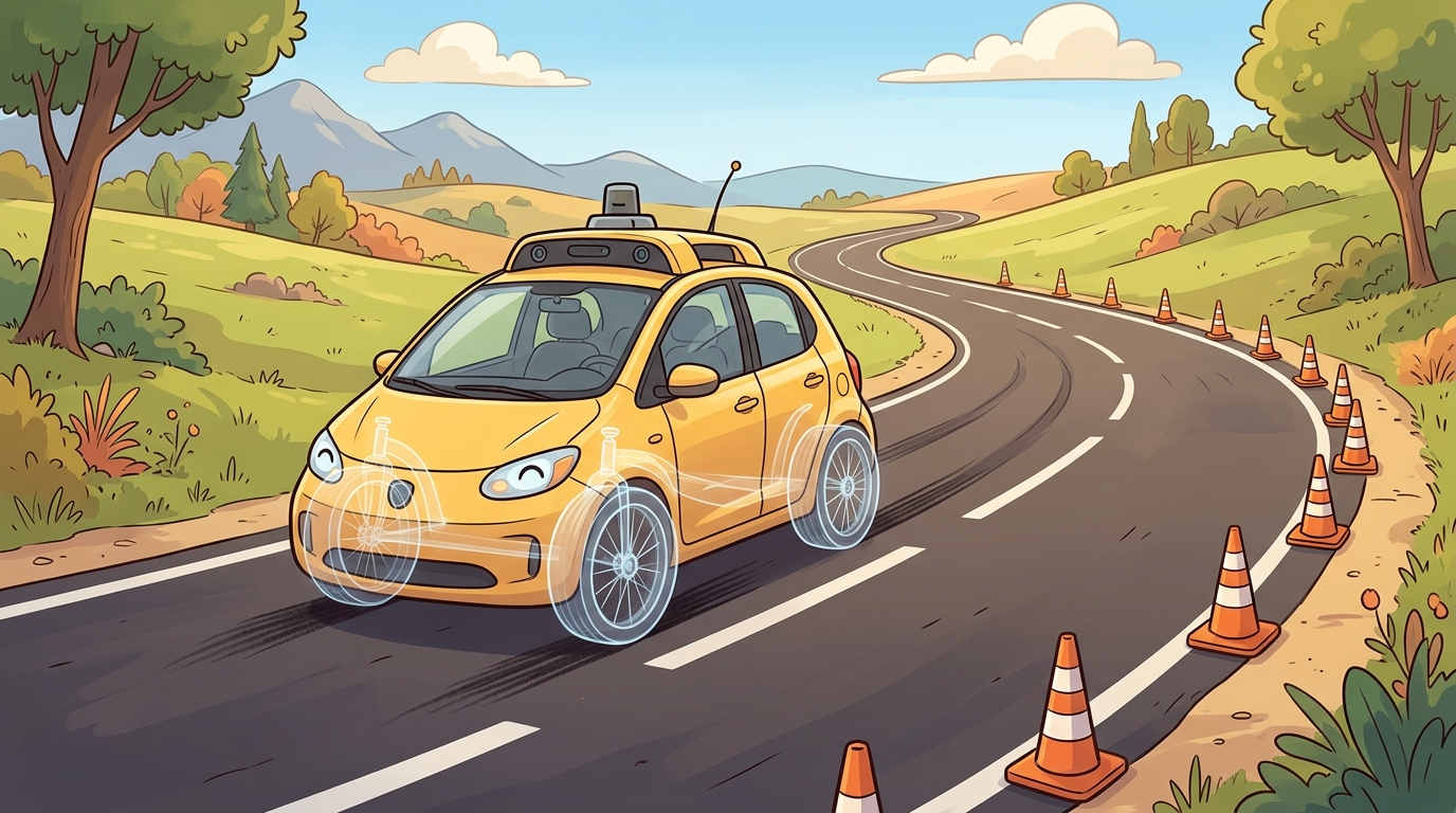 Cartoon autonomous car following a curved road with transparent wheel geometry and tire-force shadows.