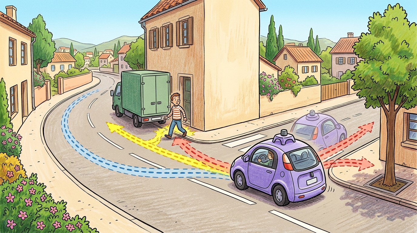 Cartoon autonomous car approaching an occluded pedestrian scenario with safe fallback motion shown as ghost paths.